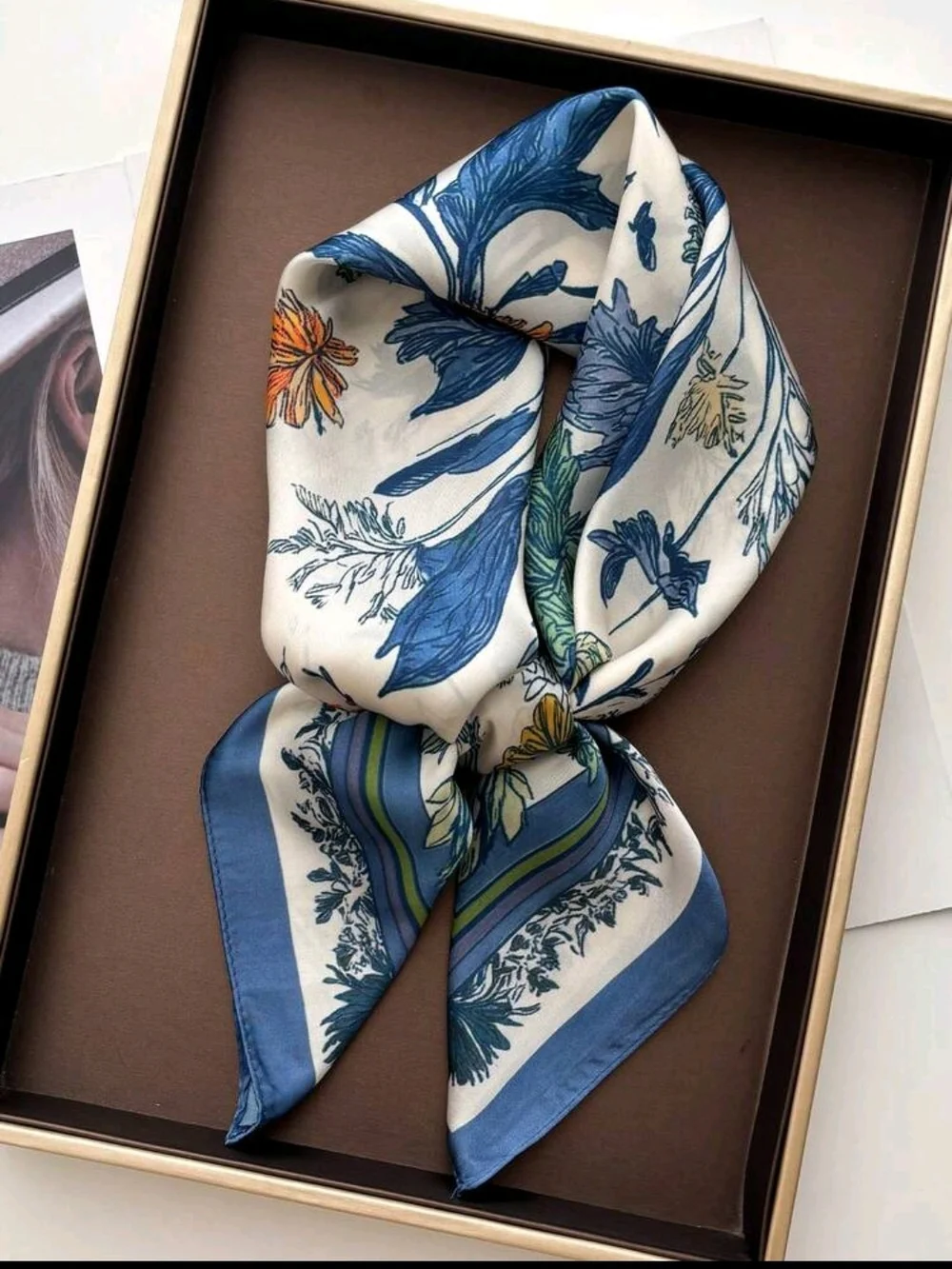 Silk Floral Print Bandana Scarf in Blue and White 26.3